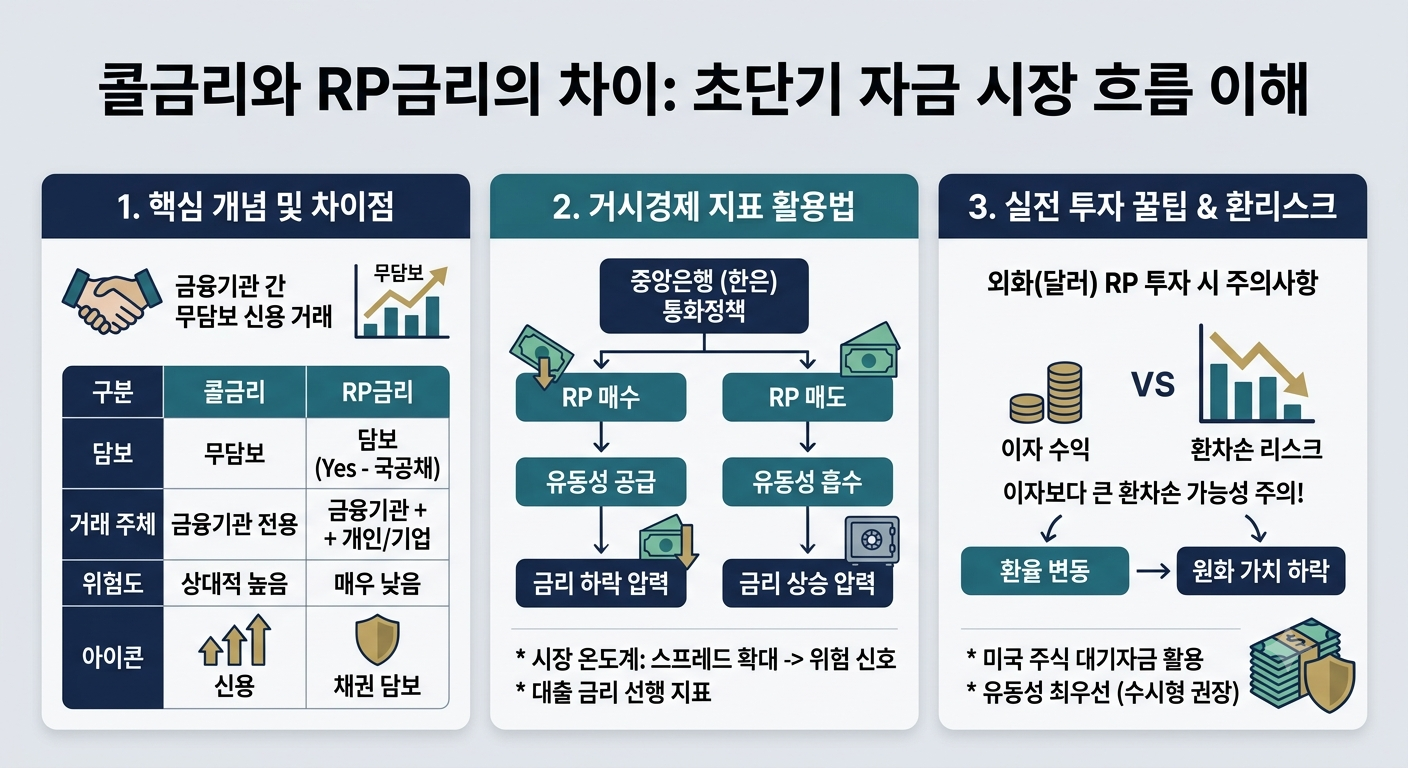 콜금리 RP금리 차이 비교 및 초단기 자금 시장 외화 RP 환율 리스크 인포그래픽