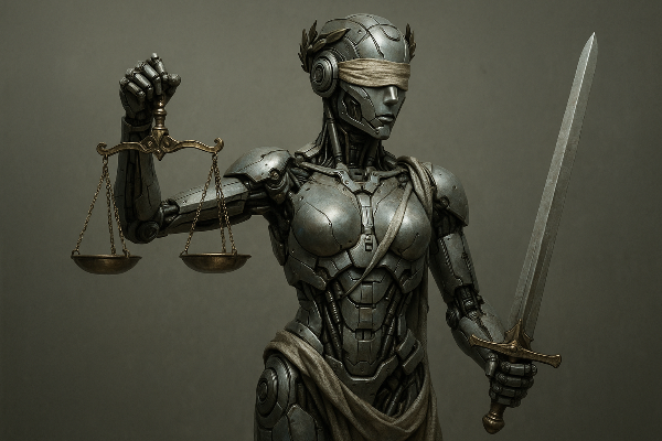 AI(인공지능)로봇이 정의의 여신상이 된 이미지