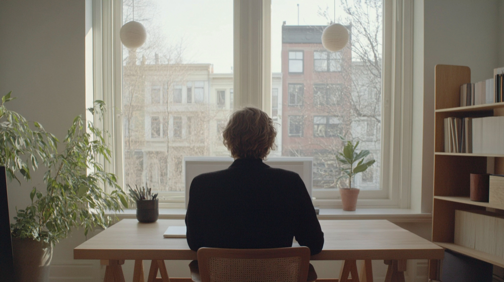 조용한 공간에서 혼자 생각에 잠긴 사람의 뒷모습