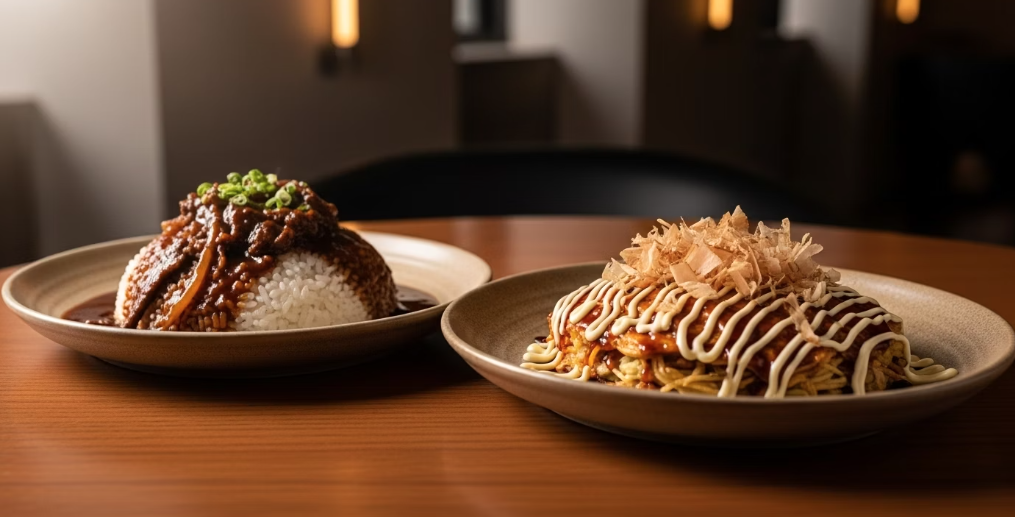 시즌 1의 하야시라이스(좌)와 시즌 3의 오사카 오코노미야키(우) 이미지