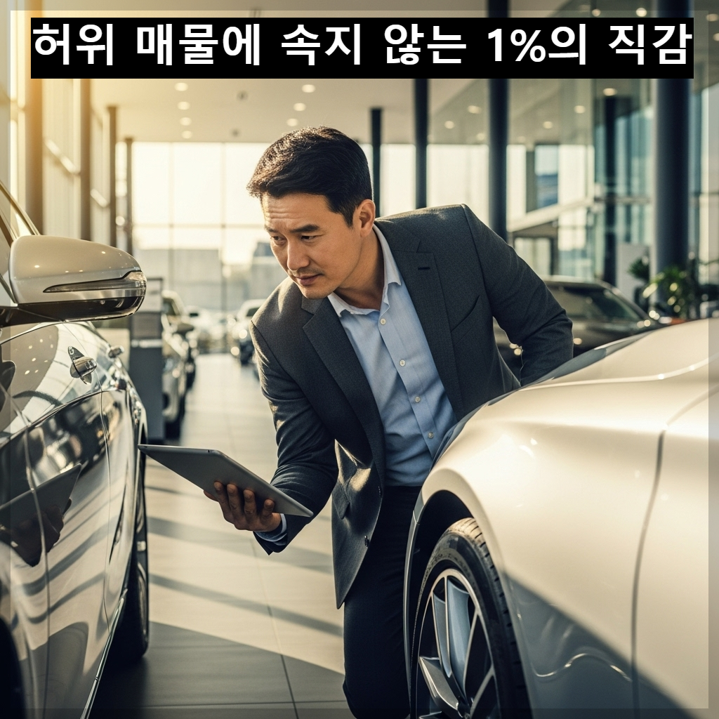 중고차 매매 단지에서 한국인 남성 운전자가 신중한 표정으로 스마트폰의 차량 정보와 실물 차량을 대조하며 고민하는 모습. 주변에는 고급스러운 중고차들이 진열되어 있으며 햇살이 비치는 고화질 이미지