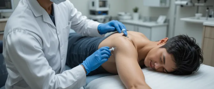 시술 침대 위에서 어깨에 DNA 주사를 맞는 장면