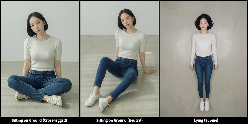 Nano Banana Neutral Posture 테스트 B, 바닥에 앉은 자세(다리 교차/중립)와 누운 자세(Supine)에서 인물 일관성과 의상 주름&middot;하체 형태 표현 변화를 관찰한 이미지_Nano Banana