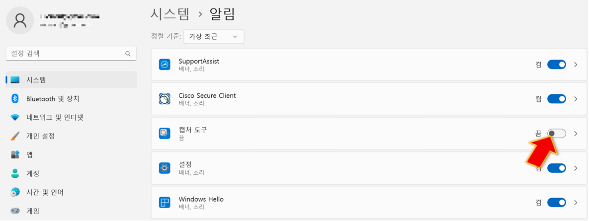 캡쳐-도구-알림-비활성화-상태에서-활성화-시키기