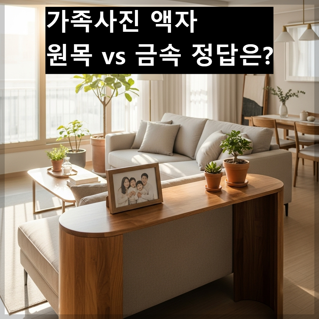 한국식 아파트 거실 콘솔 위에 모서리가 둥근 원목 가족사진 액자가 놓여 있어 따뜻하고 화목한 분위기를 연출하는 모습