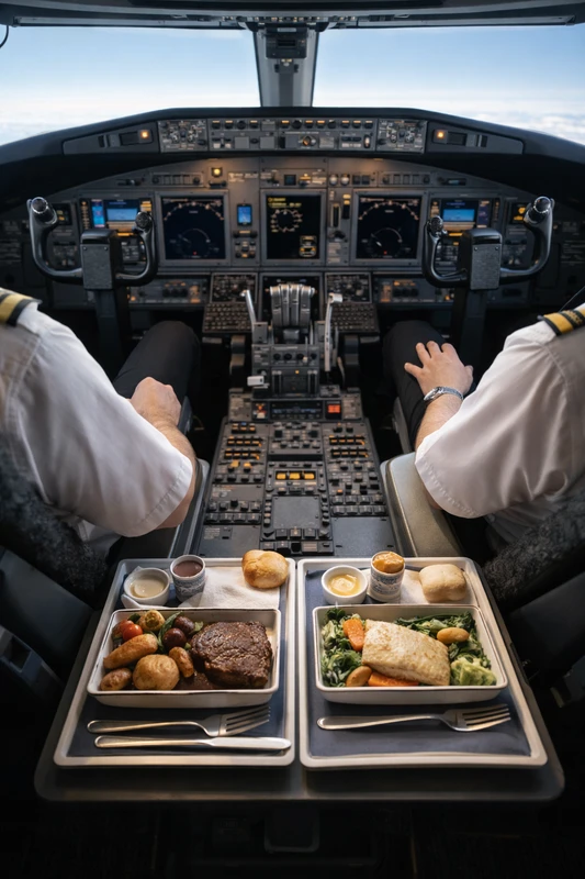 항공기 조종석 콘솔 위에 놓인 두 개의 기내식 트레이와 조종간, 스로틀이 보이는 장면으로, 두 명의 조종사가 서로 다른 메뉴(스테이크와 생선 요리)를 먹는 모습을 위에서 내려다본 조종석 내부 사진.