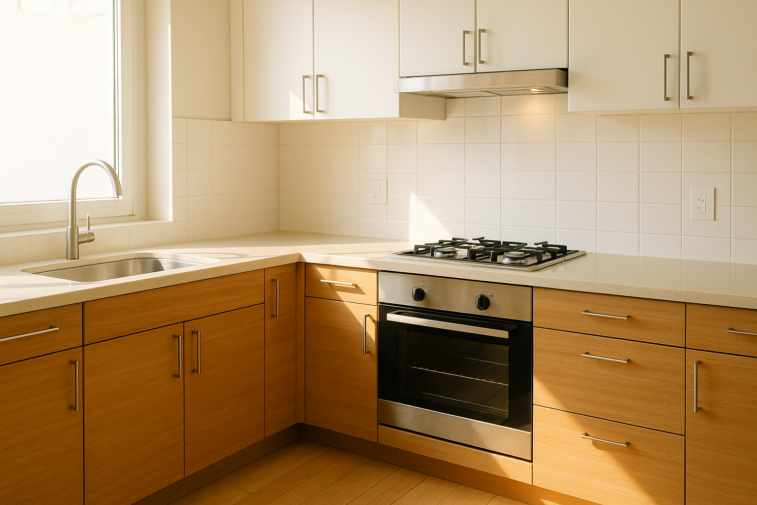 싱크대와 가스레인지가 균형 있게 배치된 밝은 주방 인테리어