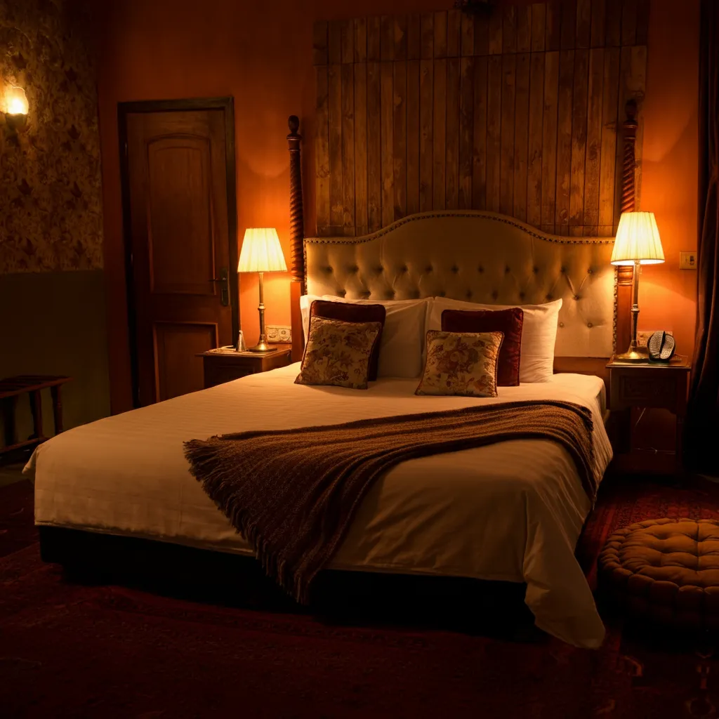 퀸사이즈 침대-조명이 켜져 있음