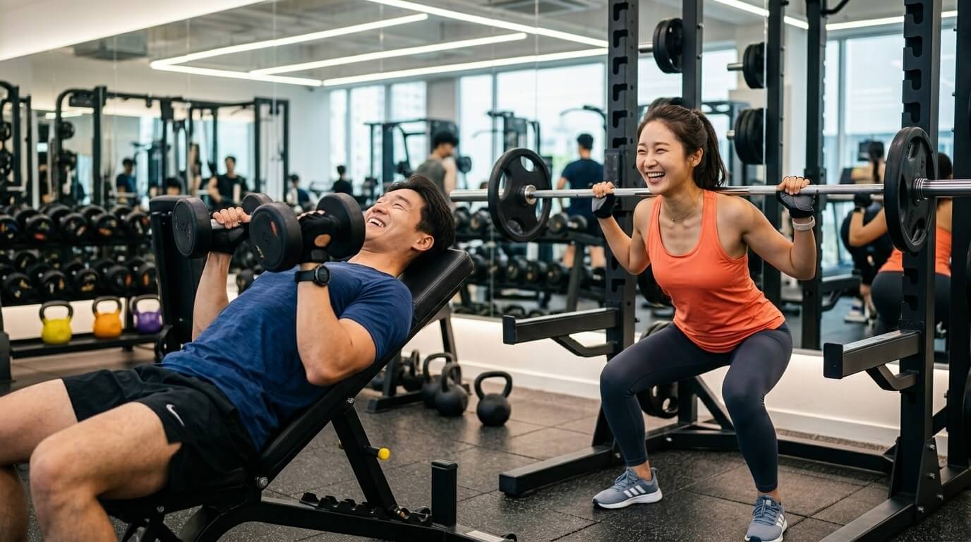 헬스장에서 가볍게 운동을 시작하고 있는 20대 남녀