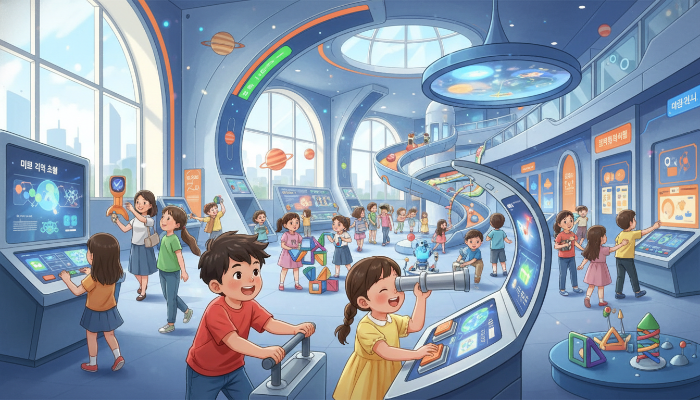 국립과천과학관에서 아이들이 신나는 과학 체험 전시물과 상호작용하며 즐거워하는 모습. 한 아이는 레버를 조작하고 다른 아이는 기구를 들여다봅니다.