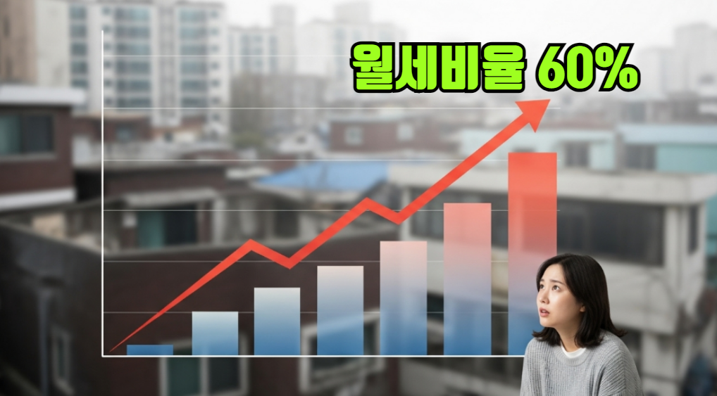 월세 60%를 나타내는 급격히 치솟는 그래프와 그 아래에 불안해하며 서있는 한국인 청년 세입자의 모습. 배경은 수도권 비아파트 건물.