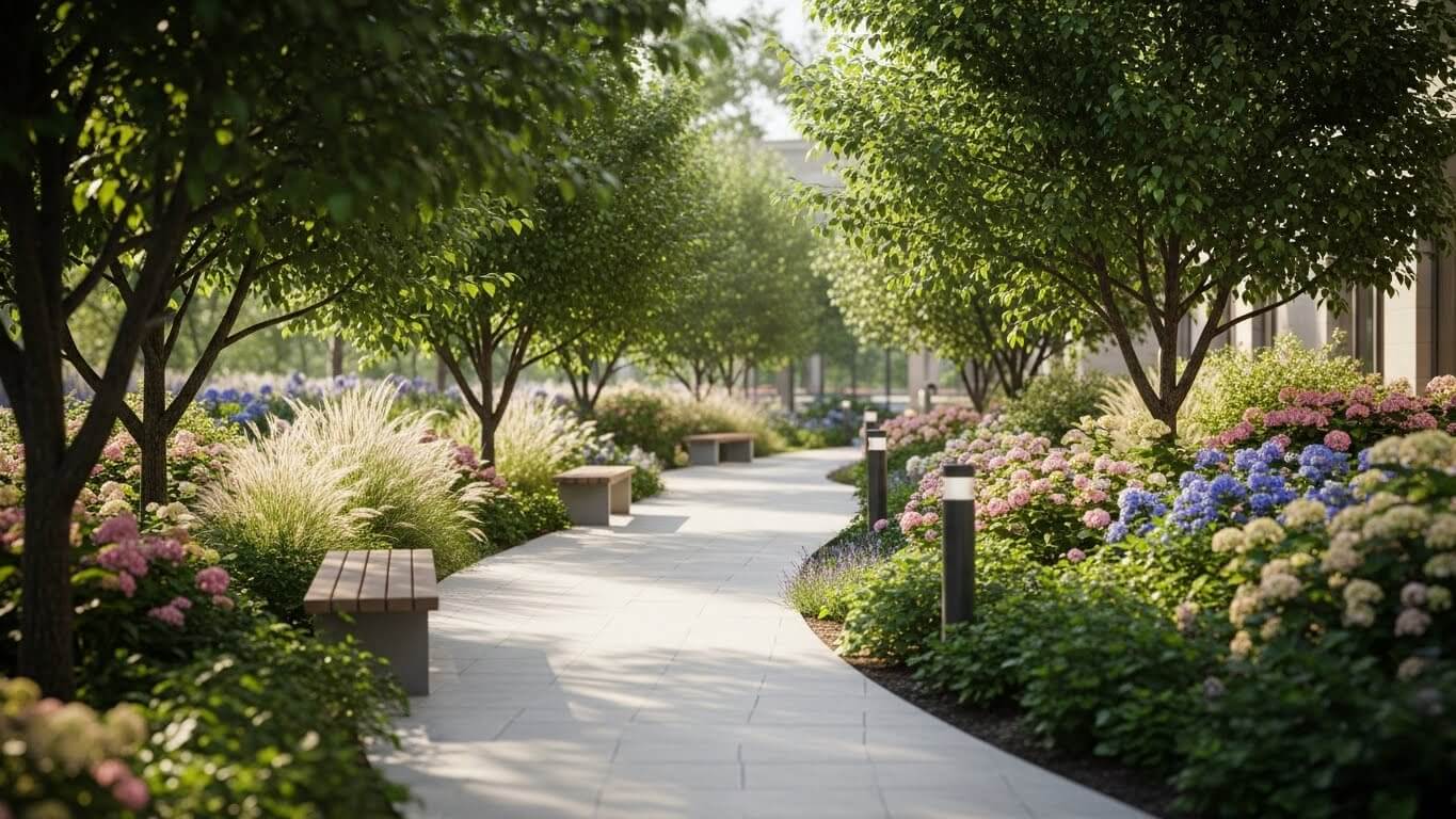 요양병원 내 산책로와 벤치가 있는 힐링 정원 환경 전경