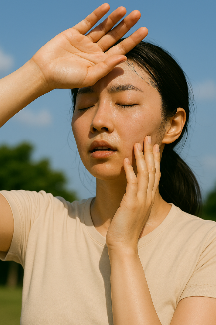 더운 여름날 피부를 만지고 있는 여자 사진