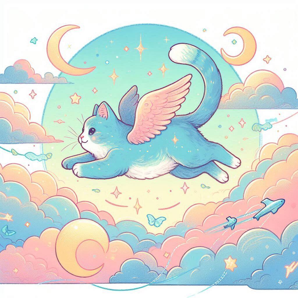 하늘을 나는 고양이, 파스텔 색감, 일러스트 스타일 이미지