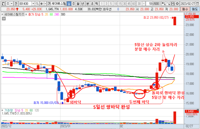 2월 27일 세아베스틸지주 주가 일봉 차트