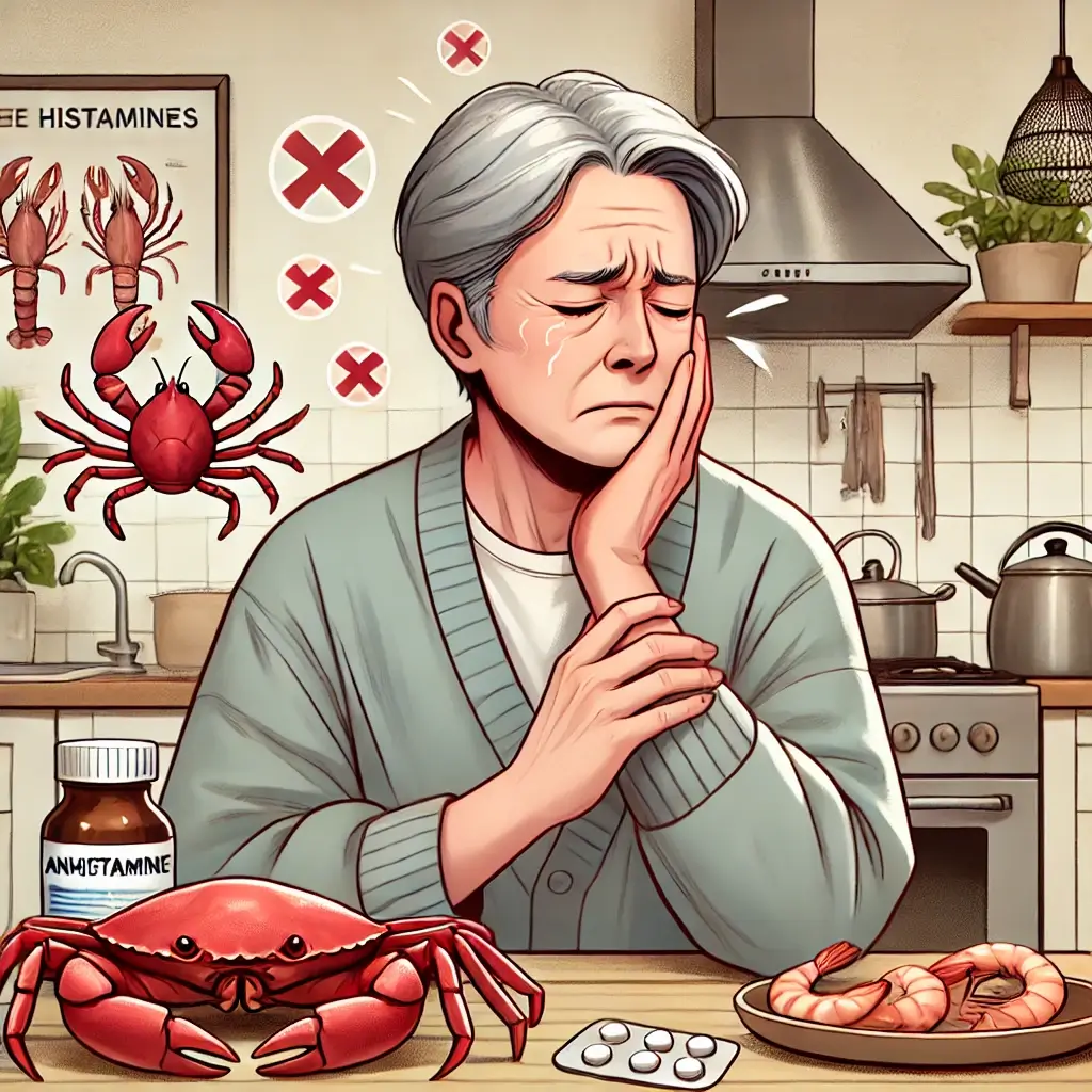 새우, 게, 랍스터, 가재를 먹고 알러지 반응이 온 노인의 모습