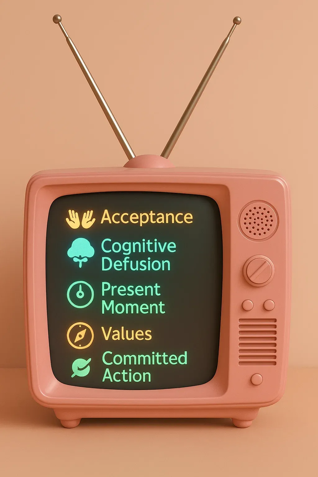 ACT 핵심 6가지 과정이 표시된 레트로 TV 화면