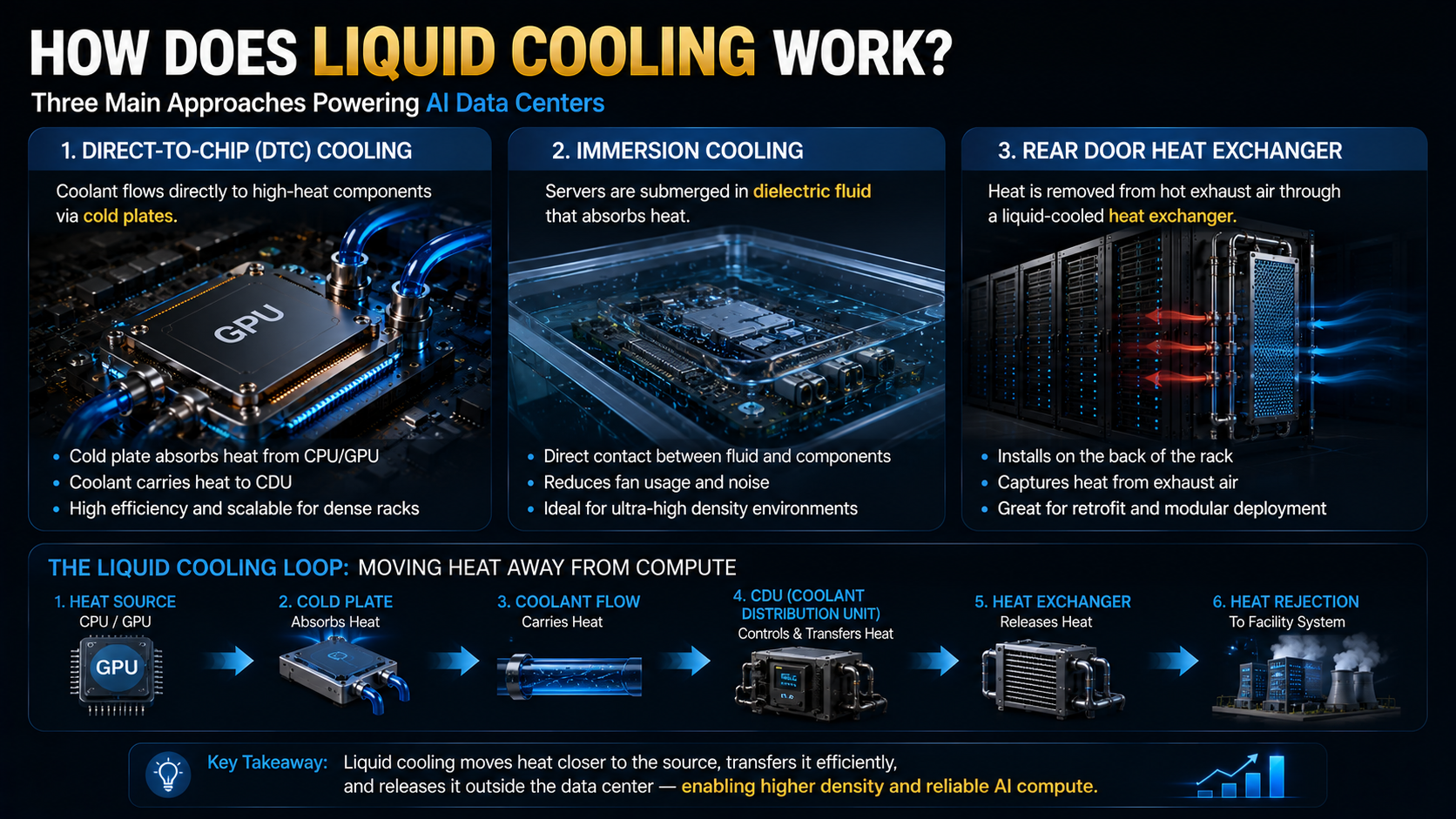 Direct-to-Chip, immersion cooling, rear door heat exchanger, and CDU systems for AI data center cooling
