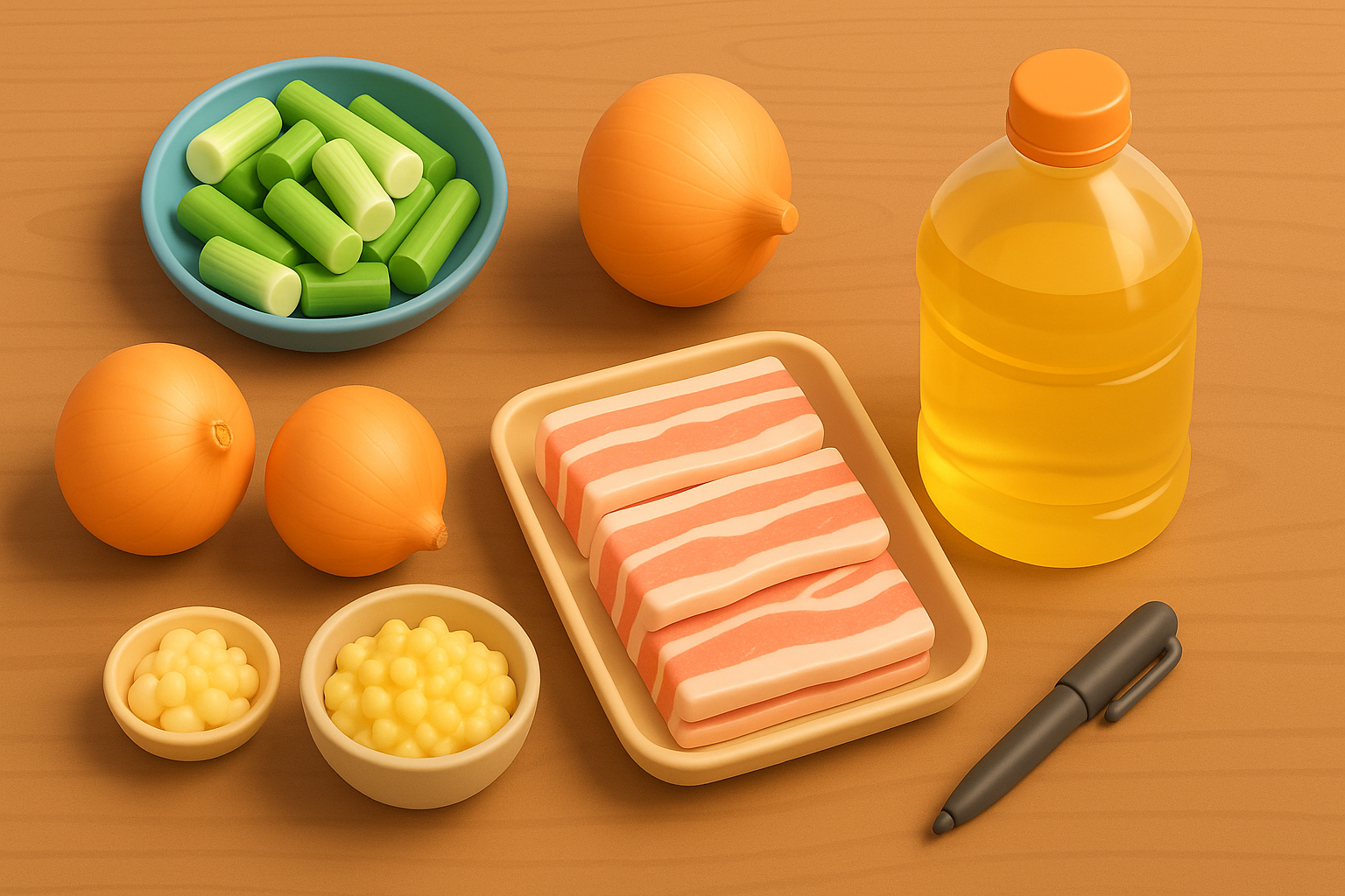 배민상회 추천 품목 5가지. 신선한 대파, 양파, 다진마늘, 냉동 삼겹살, 식용유가 진열되어 있다.