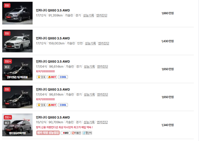 인피니티 QX60 중고차 가격 시세표 연비