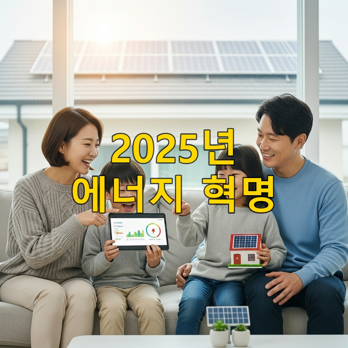 현대적인 거실에서 활짝 웃는 한국인 가족이 친환경 에너지 기술로 절약하는 모습을 보여주는 행복한 장면