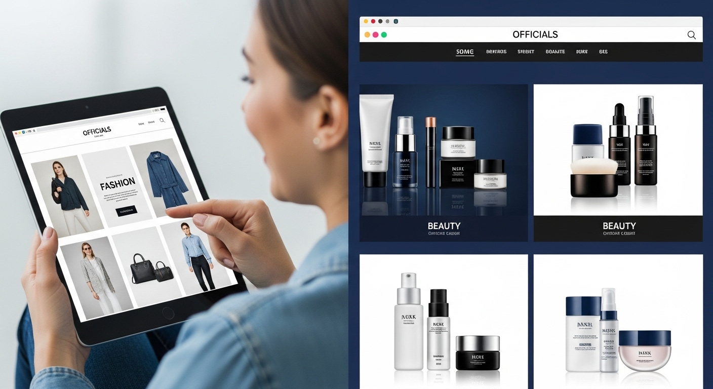 블랙프라이데이 시즌, 태블릿으로 패션 브랜드 공식 홈페이지와 뷰티 브랜드 공식 홈페이지를 동시에 탐색하며 쇼핑하는 모습. 세련된 의류와 화장품이 화면에 가득하다.