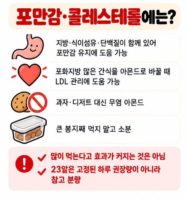 약 28g 23알 정도의 아몬드를 간식으로 소분하고 과자 대신 먹으면 포만감 관리에 도움이 될 수 있다는 카드