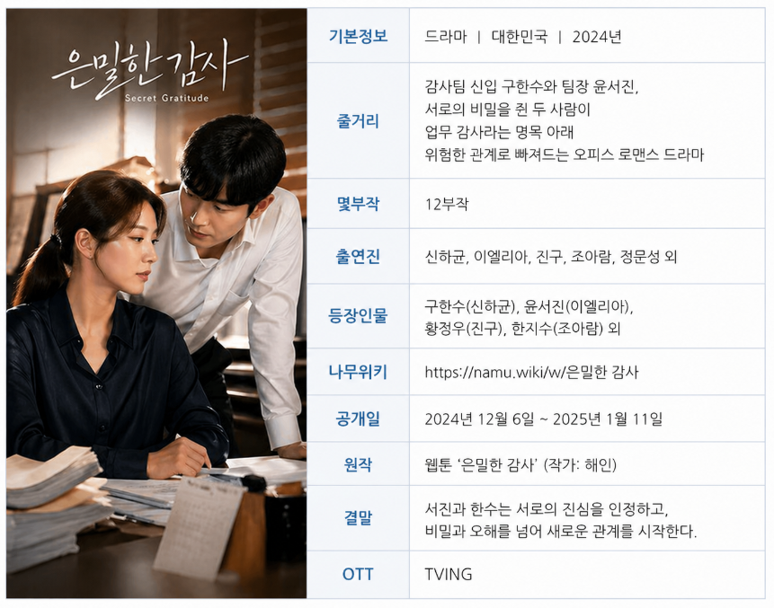 드라마 은밀한감사 줄거리 출연진 몇부작 공개일 3분 완벽 정리