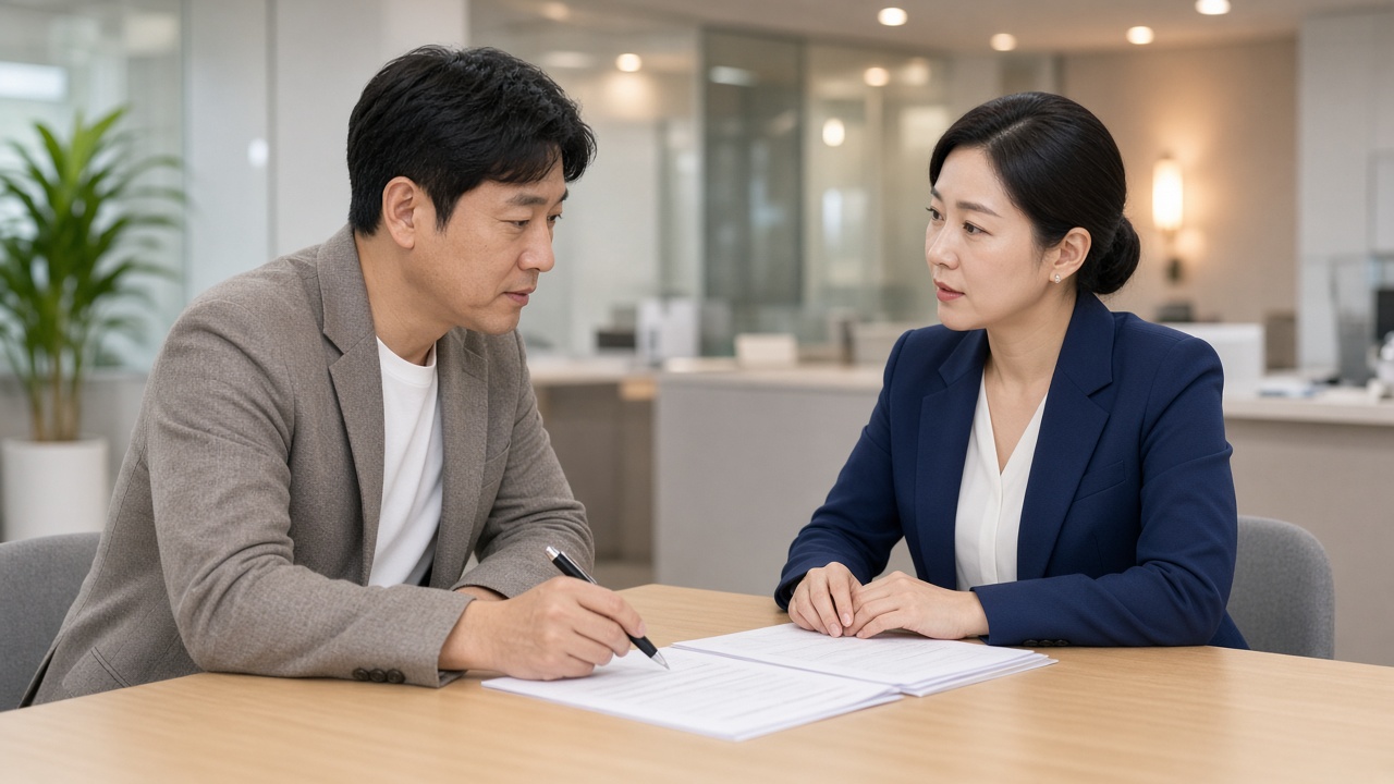 은행 상담 창구에서 대출 서류를 보며 직원과 상담하는 한국인 30대 후반 남성
