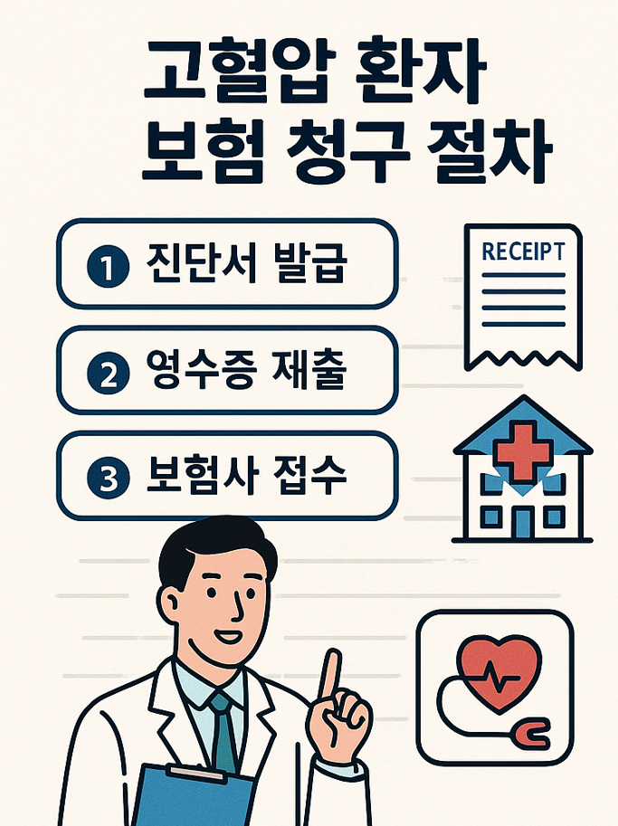 고혈압 환자 보험 청구 단계별 절차 – 진단서 발급, 영수증 제출, 보험사 접수를 설명하는 인포그래픽