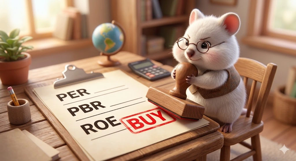 책상 위에서 PER, PBR, ROE가 적힌 서류(체크리스트)에 빨간색 BUY(매수) 도장을 쾅 찍고 있는 진지하고 똑똑한 백쿼카 일러스트. 증권사 MTS 앱에서 주식을 매수하기 전 최종 점검하는 과정을 비유함