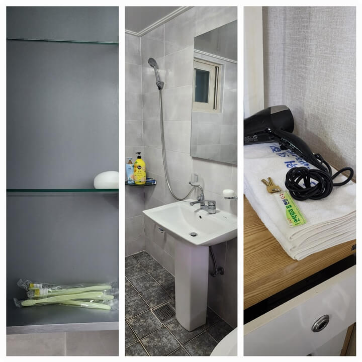 칫솔, 세면대, 드라이기가 있는 콜라주