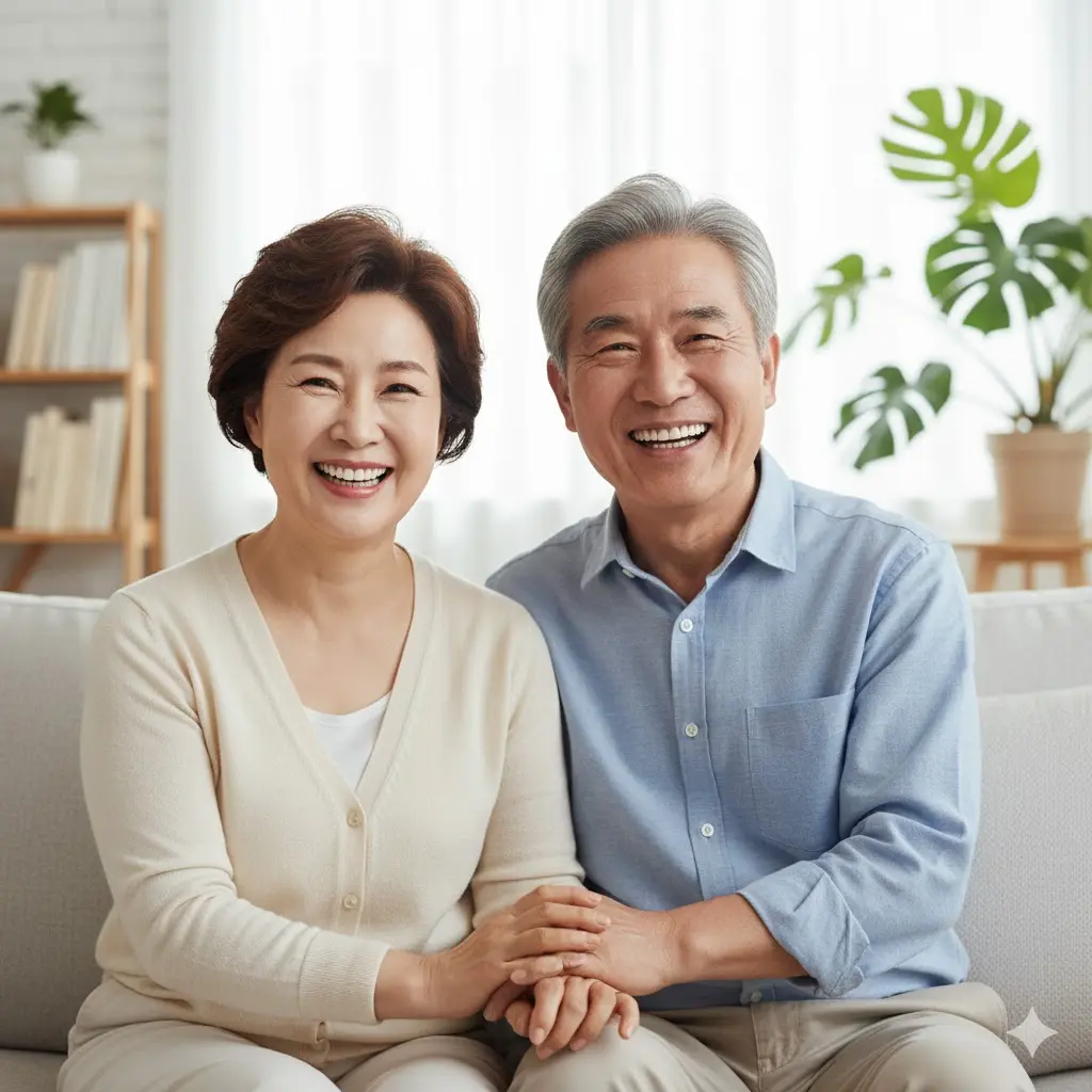 건강보험 임플란트 혜택으로 건치 미소를 짓는 65세 이상 어르신 부부