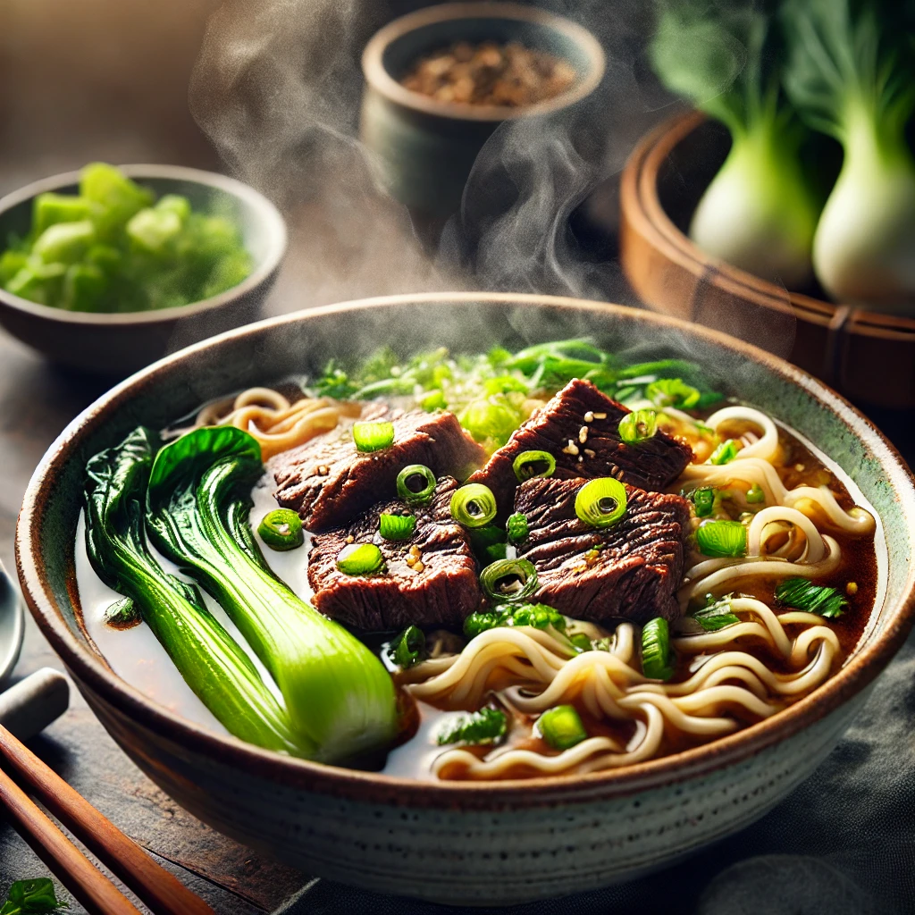 뜨끈한 소고기 국수 한 그릇과 부드러운 소고기 조각