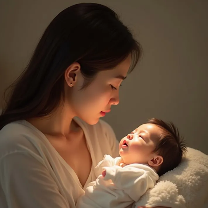 아토피 증상이 나타나고 있는 아기를 바라보는 엄마