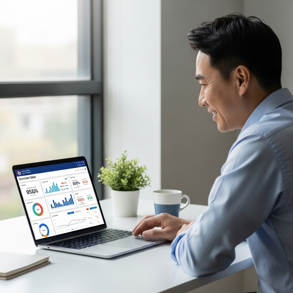 온라인 매출을 분석하며 웃고 있는 한국인 남성