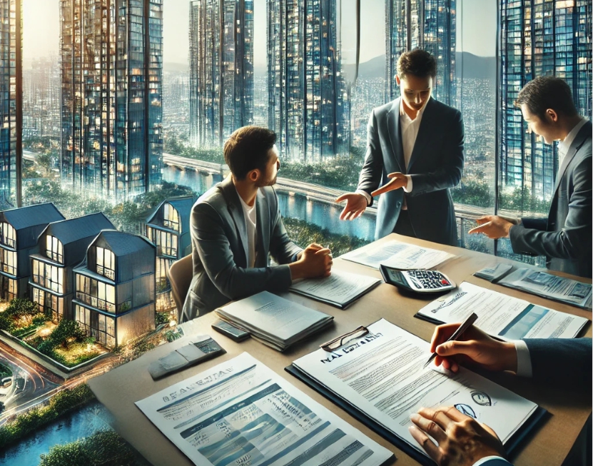 부동산 거래 현장과 서울의 고층 아파트가 어우러진 장면