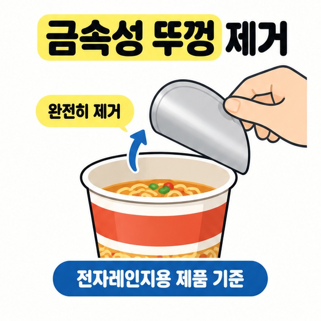 손으로 컵라면의 금속성 뚜껑을 들어 올리는 그림에 완전히 제거와 전자레인지용 제품 기준 문구를 표시한 이미지