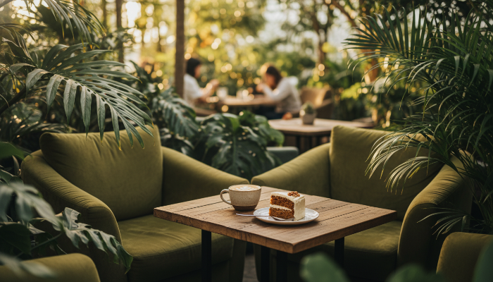 대형 식물원 카페 내부에 마련된 아늑한 좌석과 푸른 식물들의 조화