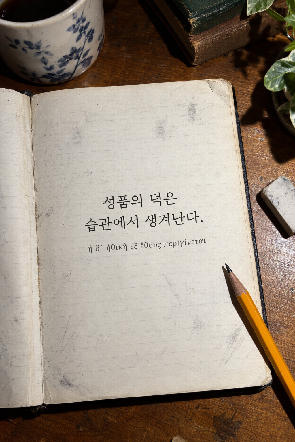 아리스토텔레스 명언 12 — 성품의 덕은 습관에서 생겨난다. — 온카메라 플래시 스냅