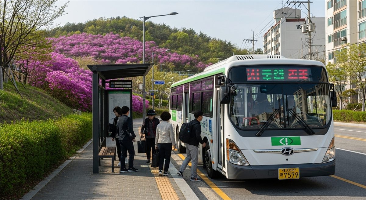 축제장 근처 버스 정류장에 도착한 시내버스 장면