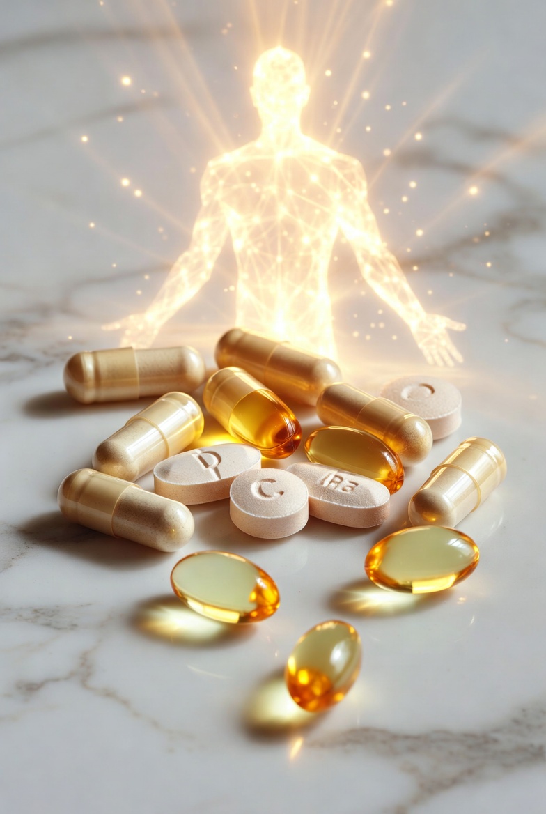 대리석 위 영양제들과 그 뒤로 활력이 뻗어 나가는 황금빛 인체 실루엣. 영양제로 충전된 신체적·정신적 에너지를 상징함.