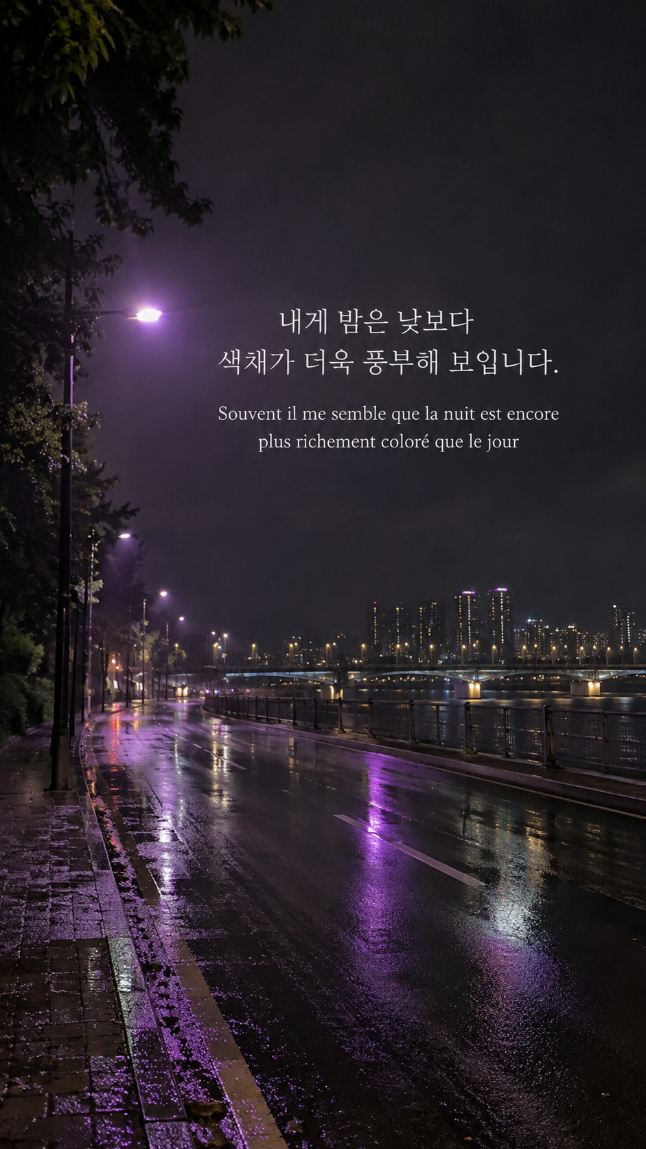 밤의 풍부한 색: 내게 밤은 낮보다 색채가 더욱 풍부해 보입니다. 밤의 젖은 도로와 보라색 반사광, 휴대폰 사진