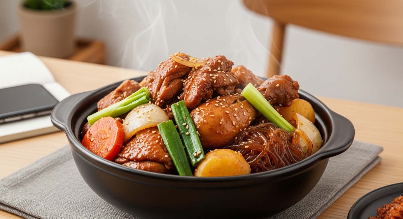 먹음직스러운 안동찜닭이 전통 검은 그릇에 담겨 김이 모락모락 나는 모습.