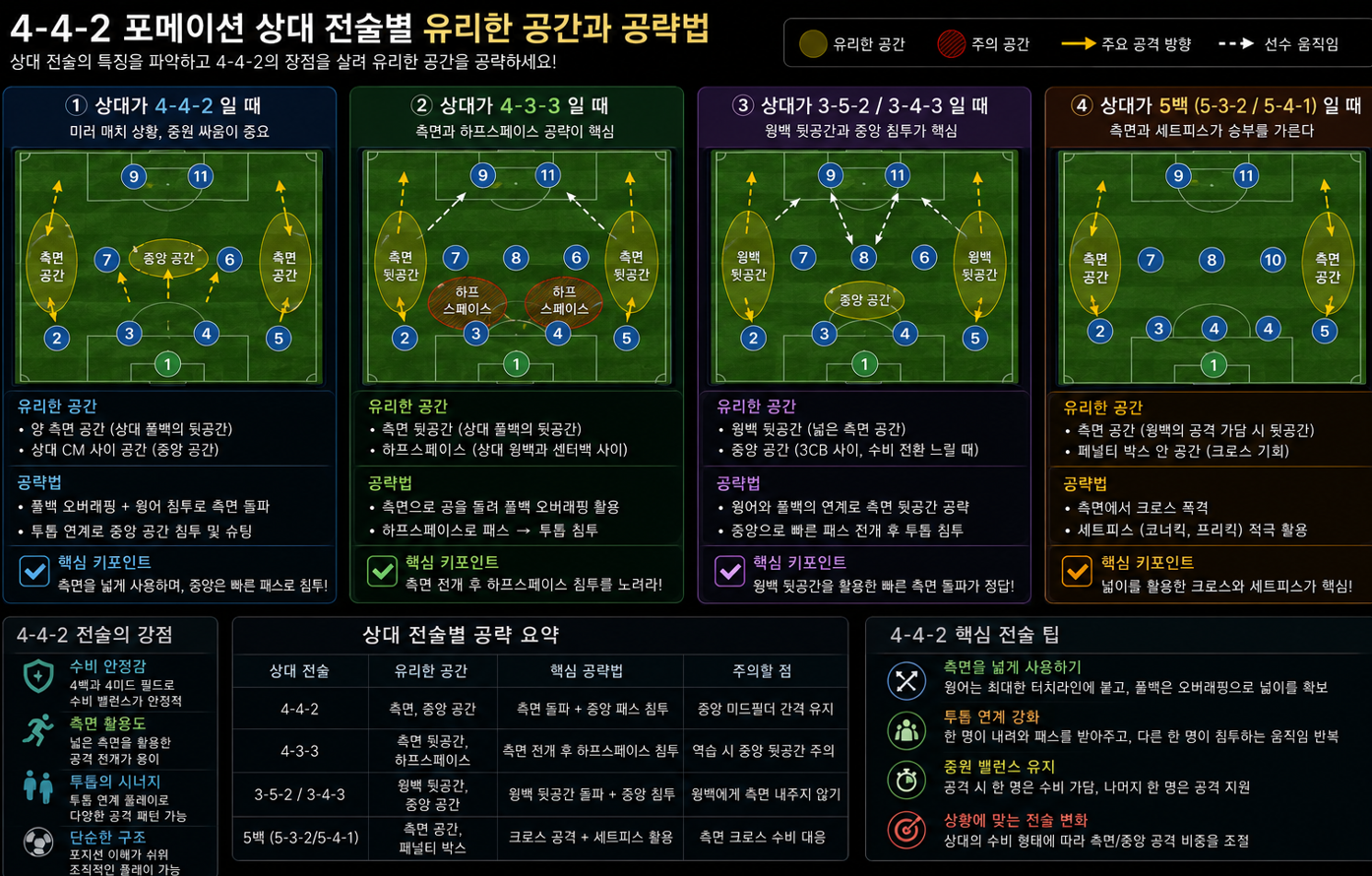중앙 숫자가 많은 포메이션에는 측면을 활용하고, 측면이 비어 있는 좁은 포메이션에는 빠른 방향 전환을 사용합니다