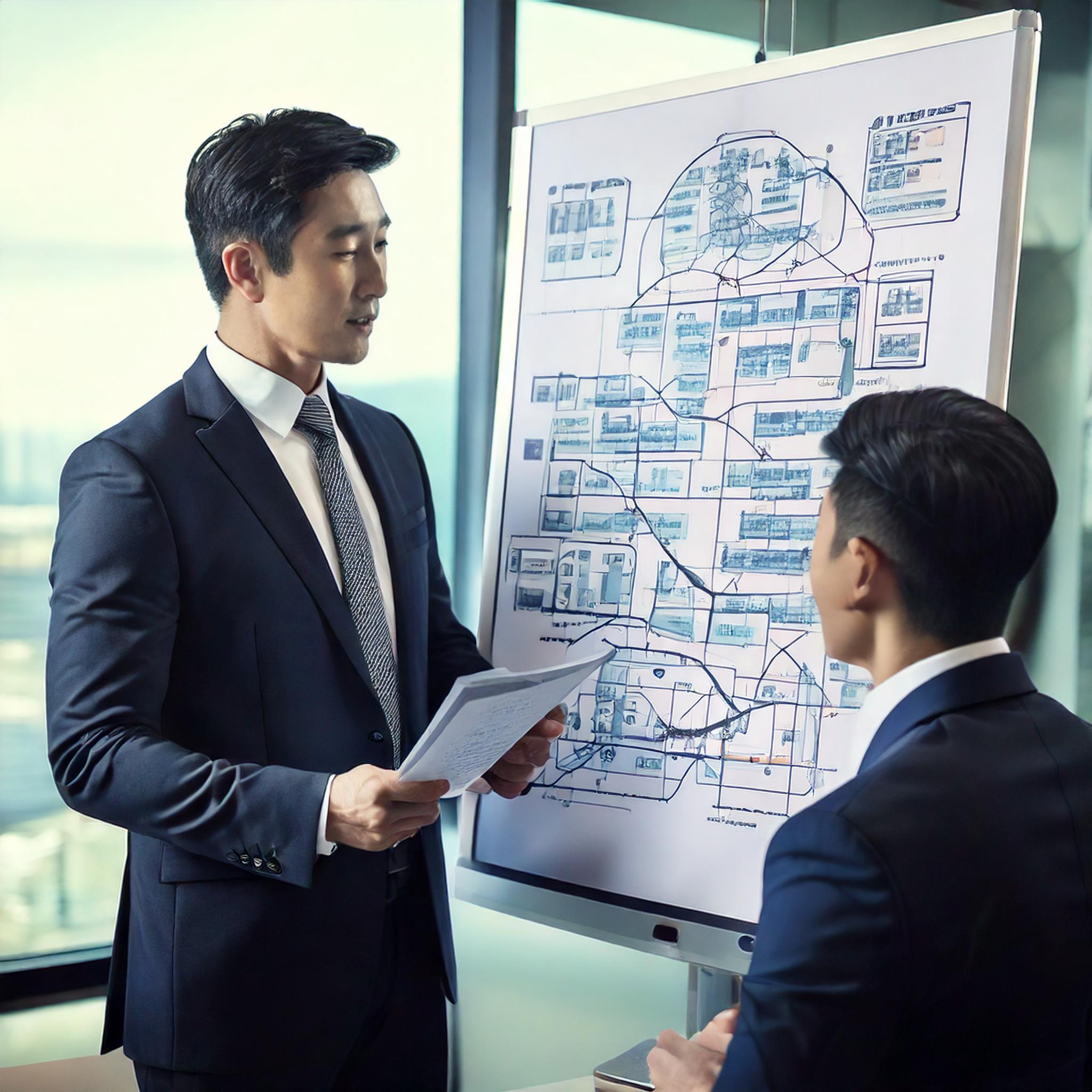 유류분반환청구권 절차를 설명하는 흐름도가 담긴 큰 포스터를 변호사가 고객에게 보여주는 장면.