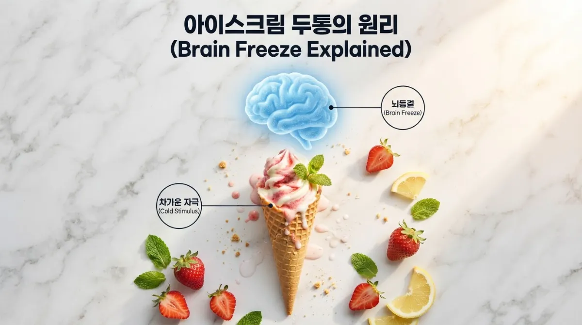 아이스크림 두통(뇌동결)의 시작을 상징적으로 표현한 푸드 스타일링 항공샷 이미지