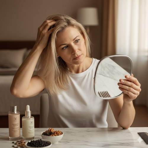 거울을 보며 정수리와 가르마 부분을 살피는 중년 여성의 뒷모습 혹은 옆모습 이미지. 머리카락이 가늘어지고 가르마가 넓어진 탈모 고민 상황을 묘사함.