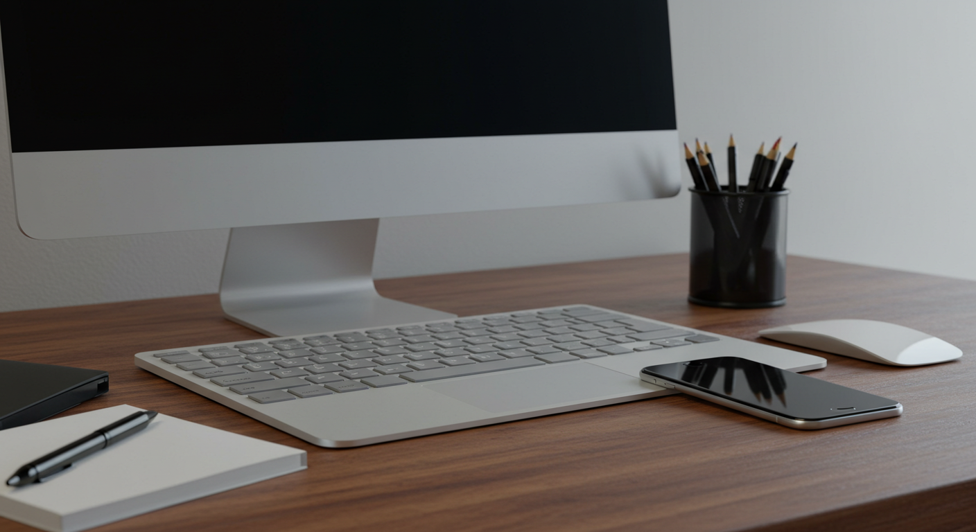 사무실 책상 위에 놓여있는 데스크탑과 스마트폰