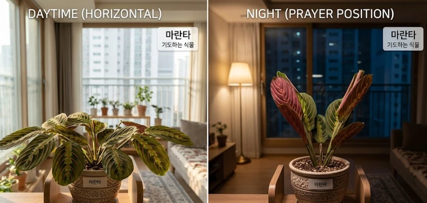 낮에는 수평으로 펼쳐지고 밤에는 위로 올라간 마란타 잎을 비교한 모습